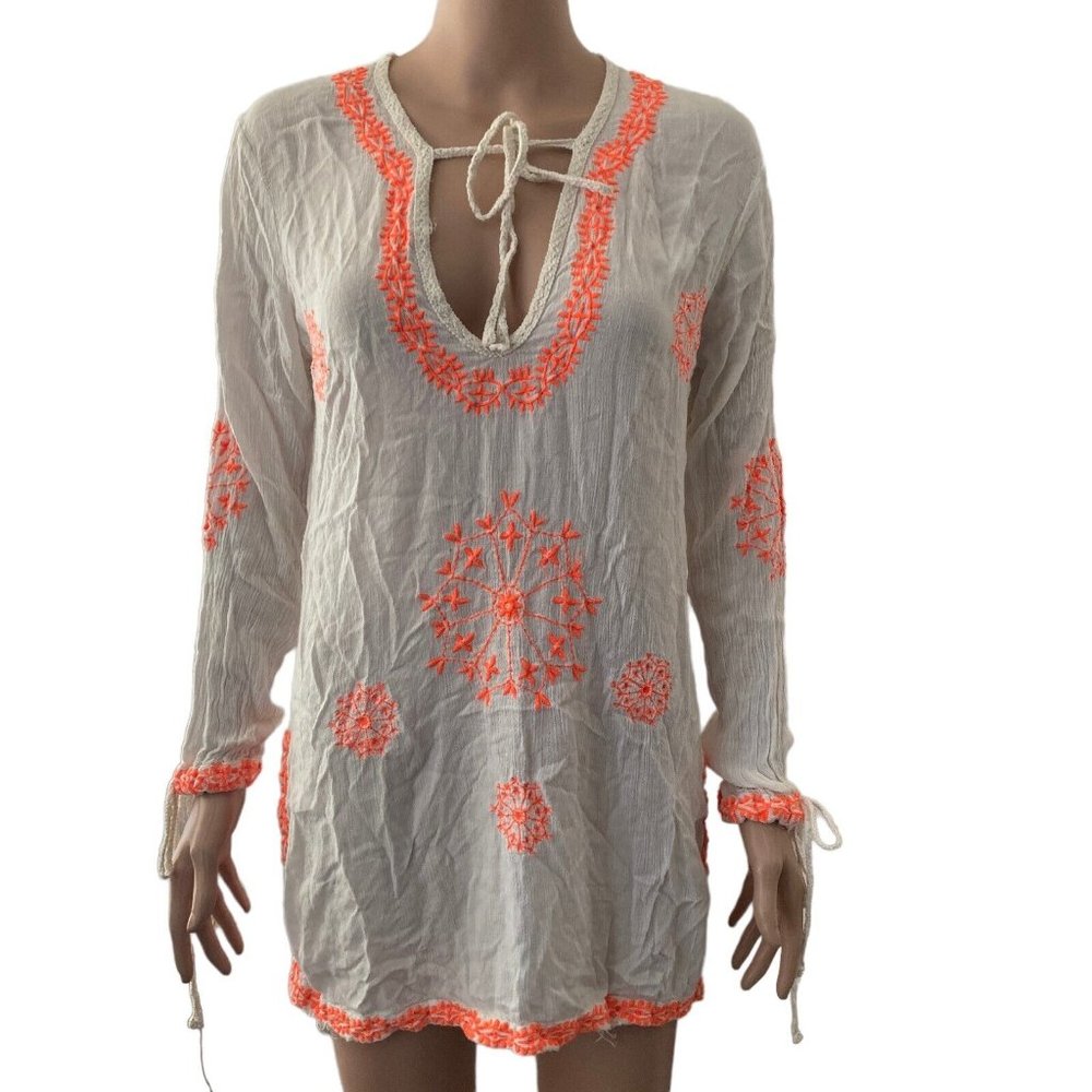 Embroidered White Coverup with Coral Accents